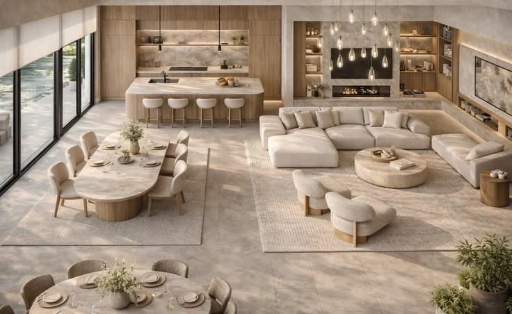 The open-plan living area of a professionally managed residential property in Abu Dhabi